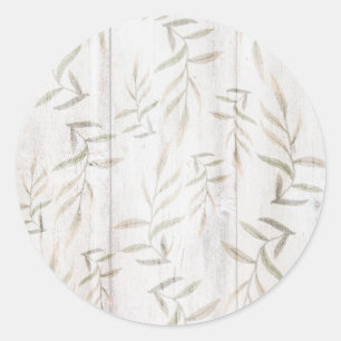 Farmhouse Botanical White Wood Blush Rustic Leaves Classic Round Sticker