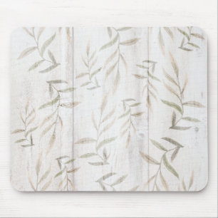 Farmhouse Botanical White Wood Blush Rustic Leaves Mouse Mat