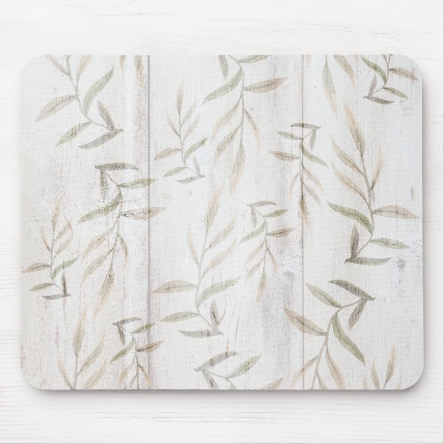 Farmhouse Botanical White Wood Blush Rustic Leaves Mouse Mat (Front)