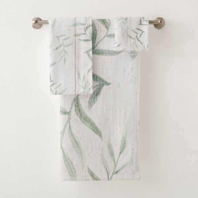 Farmhouse Botanical White Wood Rustic Leaves Bath Towel Set (Insitu)