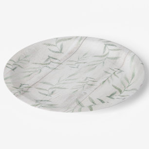 Farmhouse Botanical White Wood Rustic Leaves Paper Plate