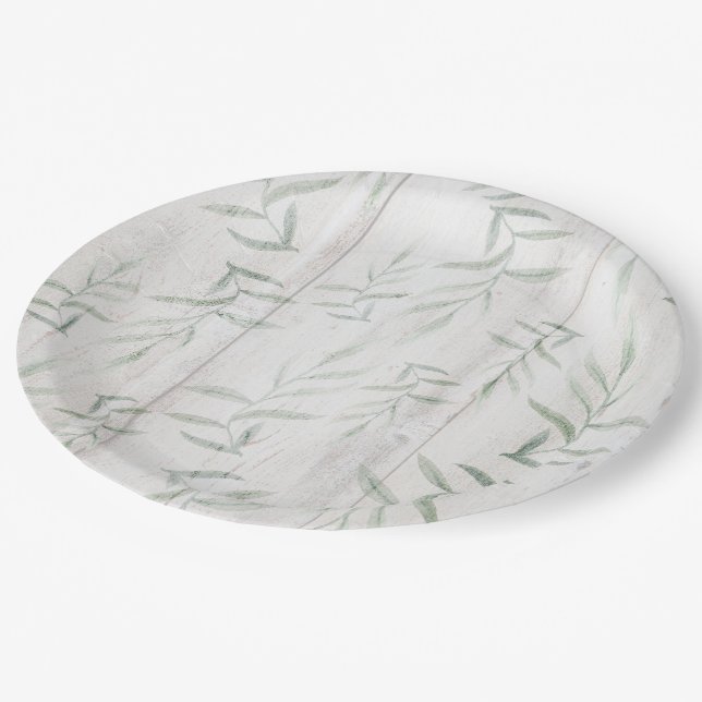 Farmhouse Botanical White Wood Rustic Leaves Paper Plate (Angled)