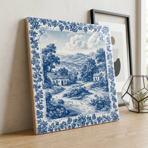 Farmhouse Bucolic France Rustic Country Blue Scene Tile
