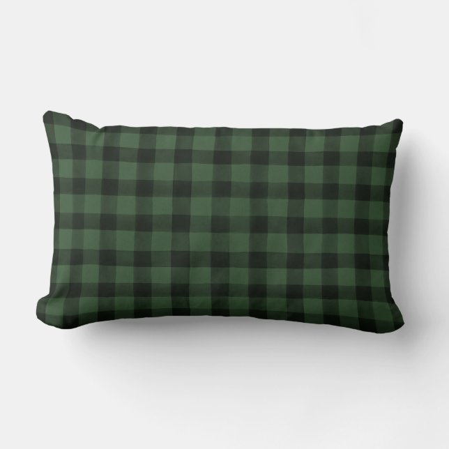 Farmhouse Buffalo Check Plaid Green Black Accent Lumbar Cushion (Front)