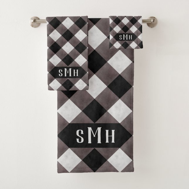 Farmhouse Buffalo Plaid Check 3 Letter Monogram Bath Towel Set (Insitu)