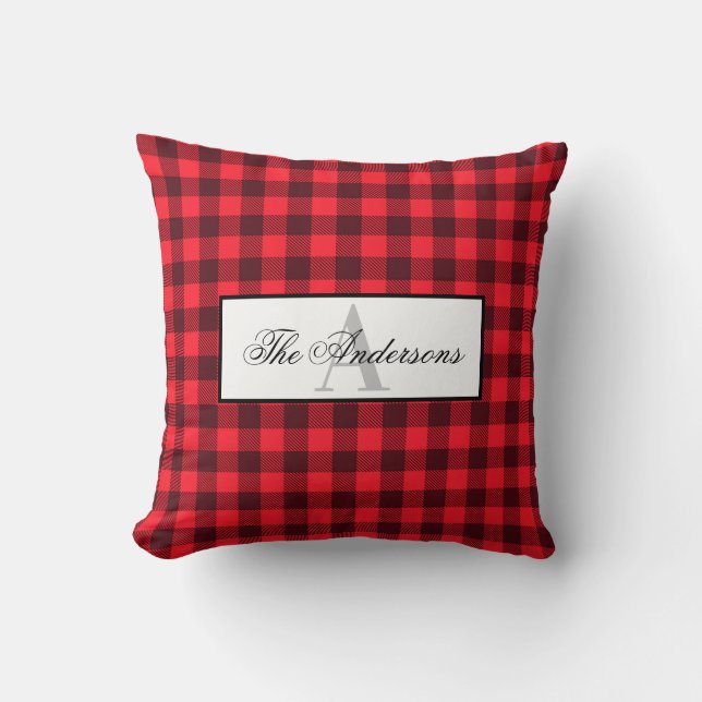 Farmhouse Buffalo Plaid Family Name & Monogram Cushion (Front)