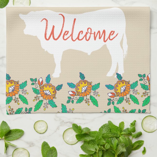 Farmhouse Bull Cow Silhouette & Country Flowers Tea Towel (Folded)