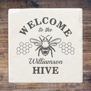 Farmhouse Bumblebee Welcome to Our Hive Monogram Stone Coaster
