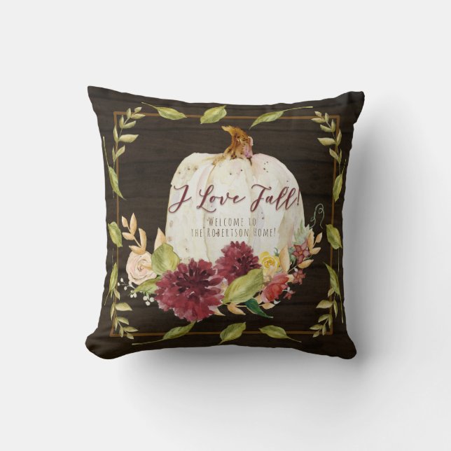 Farmhouse Burgundy Floral Love Fall Pumpkin Wood Cushion (Front)