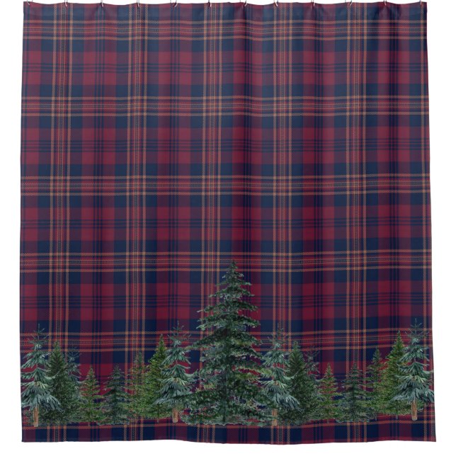 Farmhouse Cabin Forest Christmas Tartan Plaid Shower Curtain (Front)