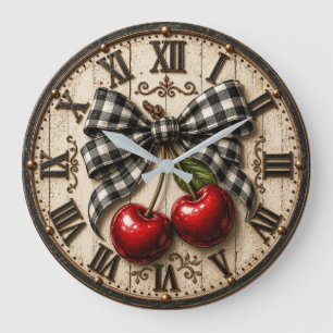 Farmhouse Cherry Rustic Buffalo Plaid Kitchen Large Clock