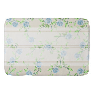 Farmhouse Chic Blue Roses & White Stripe Bath Mat