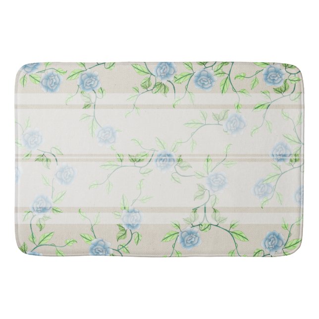 Farmhouse Chic Blue Roses & White Stripe Bath Mat (Front)