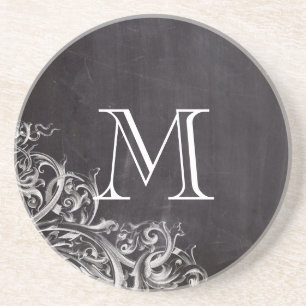 farmhouse chic flourish swirls chalkboard monogram coaster