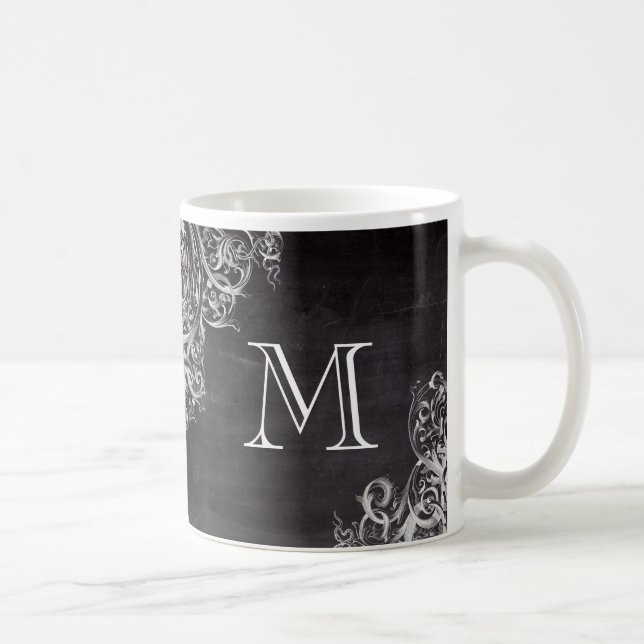 farmhouse chic flourish swirls chalkboard monogram coffee mug (Right)
