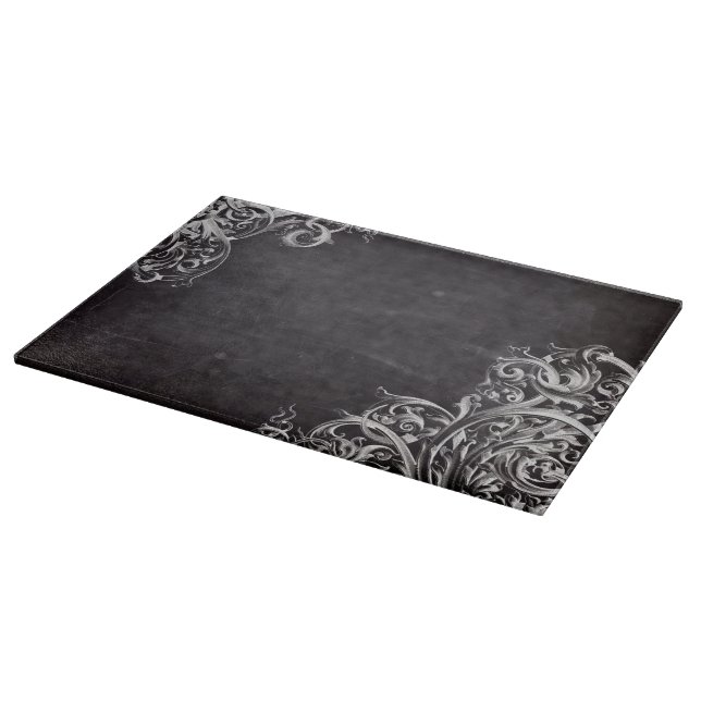 farmhouse chic flourish swirls chalkboard monogram cutting board (Corner)