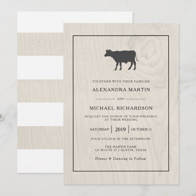 Farmhouse Chic | White Wood with Cow Wedding Invitation (Front/Back)