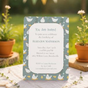 Farmhouse Chicken Dusty Blue Barnyard Birthday Invitation