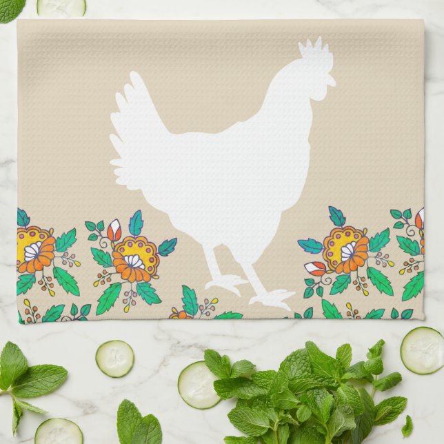 Farmhouse Chicken Silhouette & Country Flowers Tea Towel (Folded)
