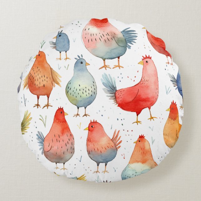 Farmhouse Chickens Round Cushion (Front)