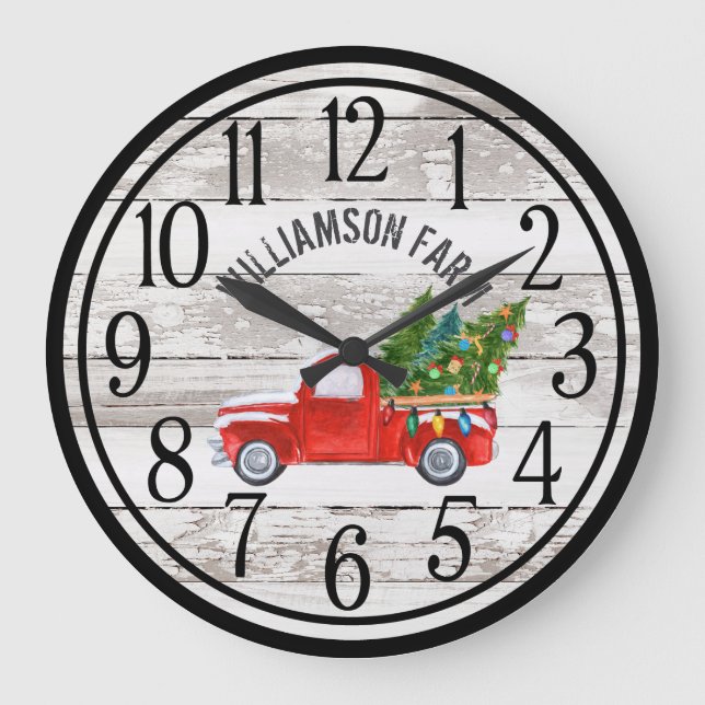 Farmhouse Chippy Wood Christmas Truck Family Name  Large Clock (Front)