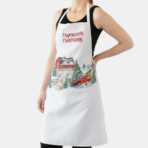 Farmhouse Christmas Barn and Truck Snow Scene Apron