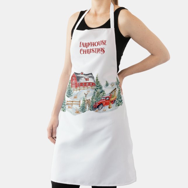 Farmhouse Christmas Barn and Truck Snow Scene Apron (Insitu)