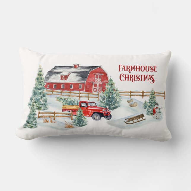 Farmhouse Christmas Barn and Truck Snow Scene Lumbar Cushion (Front)