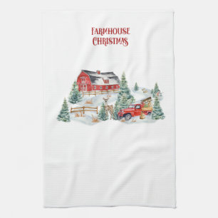 Farmhouse Christmas Barn and Truck Snow Scene Tea Towel