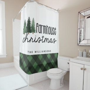 Farmhouse Christmas Country Plaid Family Name  Shower Curtain
