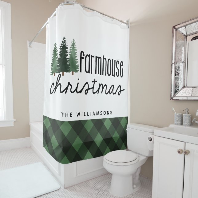 Farmhouse Christmas Country Plaid Family Name  Shower Curtain (In Situ)