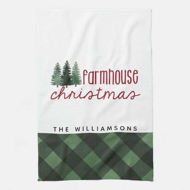 Farmhouse Christmas Country Plaid Family Name  Tea Towel (Vertical)