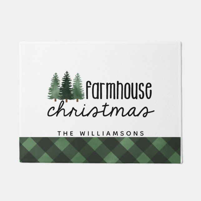 Farmhouse Christmas Country Plaid Family Name Wood Doormat (Front)