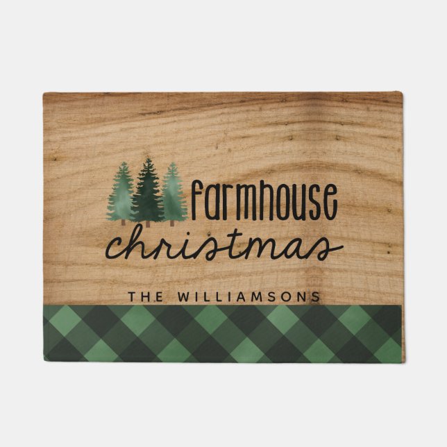 Farmhouse Christmas Country Plaid Family Name Wood Doormat (Front)