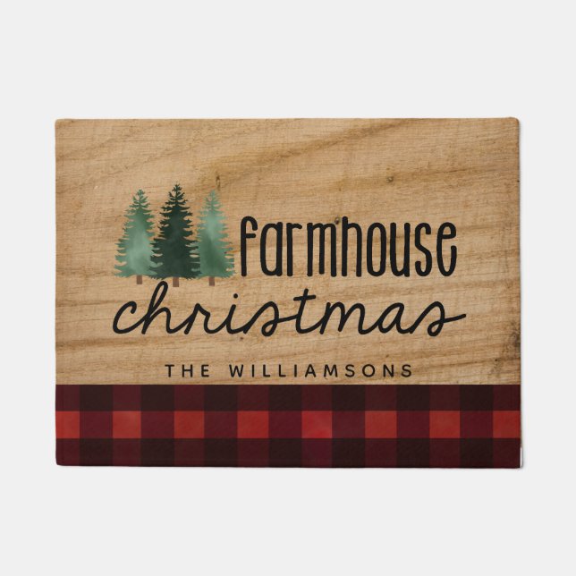 Farmhouse Christmas Country Plaid Family Name Wood Doormat (Front)