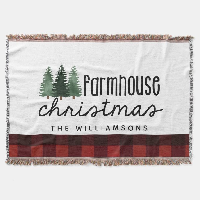 Farmhouse Christmas Country Red Plaid Family Name  Throw Blanket (Front)