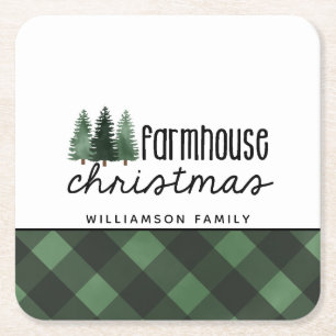 Farmhouse Christmas Green Plaid Family Name Bever Square Paper Coaster