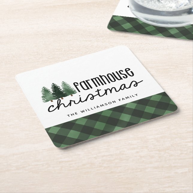 Farmhouse Christmas Plaid Family Name Coaster  (Angled)