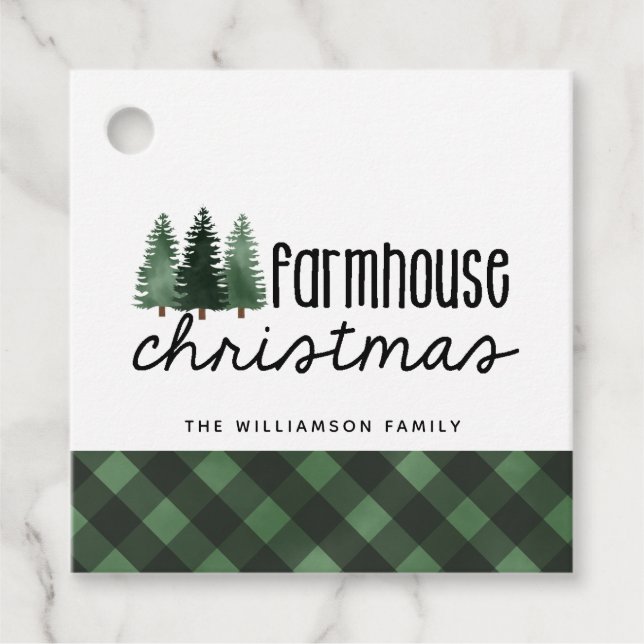 Farmhouse Christmas Plaid Family Name Favour Tag  (Front)