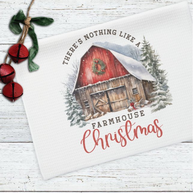 Farmhouse Christmas Red Barn Christmas  Tea Towel (Creator Uploaded)