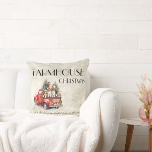 Farmhouse Christmas Red Truck Dogs Rustic Cushion