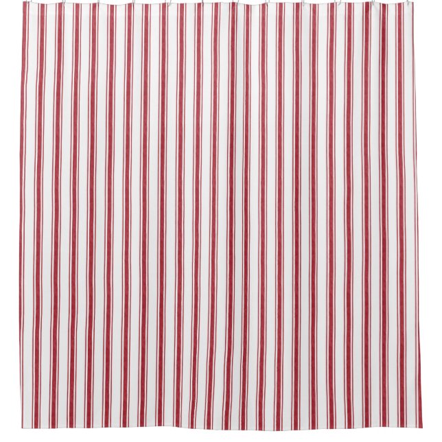 Farmhouse Christmas Red White Ticking Stripe Shower Curtain (Front)