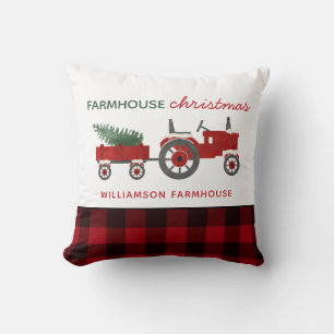 Farmhouse Christmas Tractor and Tree Plaid  Cushion