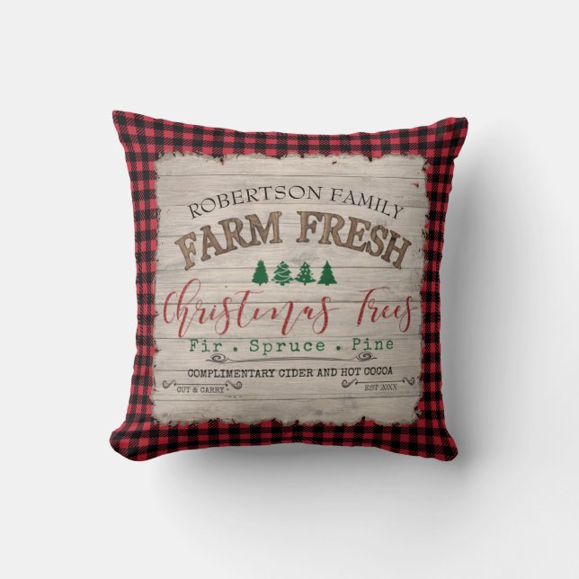 Farmhouse Christmas Tree Farm Buffalo Plaid Family Cushion (Front)