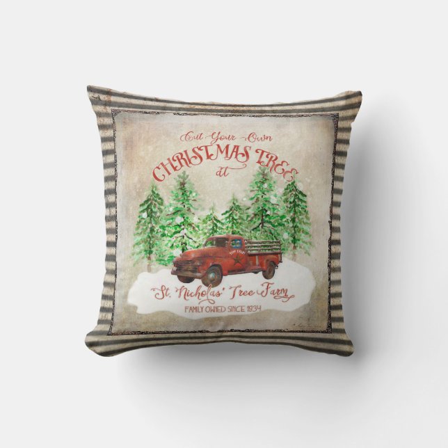 Farmhouse Christmas Tree Farm Red Truck Vintage Cushion (Front)