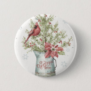 Farmhouse Christmas Tree with Cardinal 6 Cm Round Badge