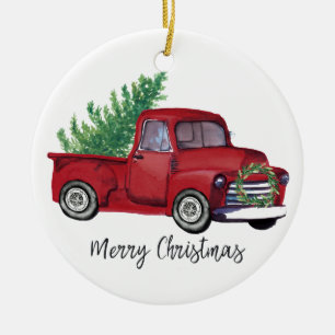 Farmhouse Christmas watercolor red truck Ceramic Tree Decoration