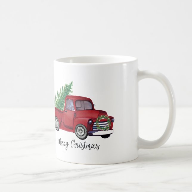 Farmhouse Christmas watercolor red truck Coffee Mug (Right)