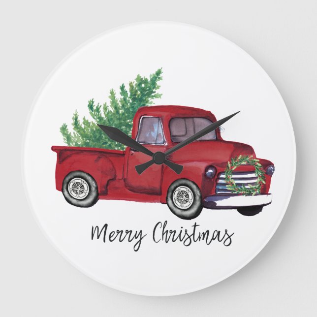 Farmhouse Christmas watercolor red truck Large Clock (Front)