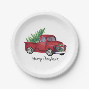 Farmhouse Christmas watercolor red truck Paper Plate